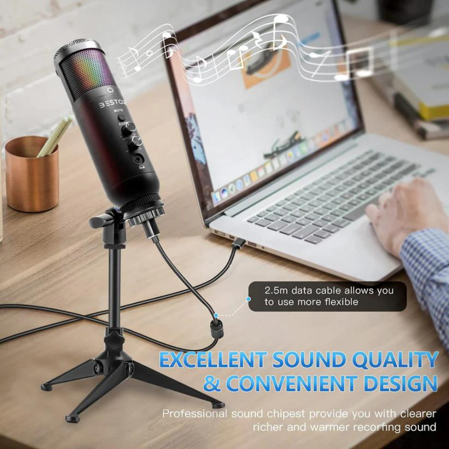 BESTOR USB Condenser Gaming Microphone with RGB Lighting, Adjustable Tripod for PC