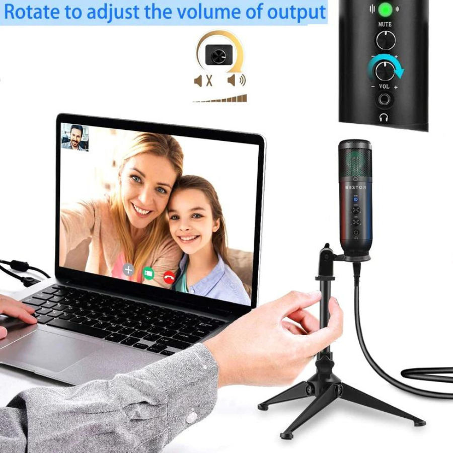 BESTOR USB Condenser Gaming Microphone with RGB Lighting, Adjustable Tripod for PC