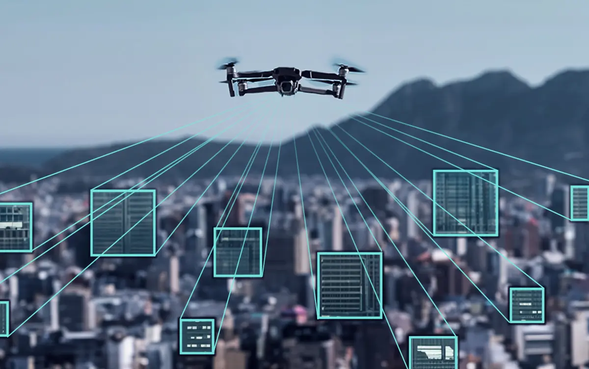Surveillance drone doing surveillance on a city