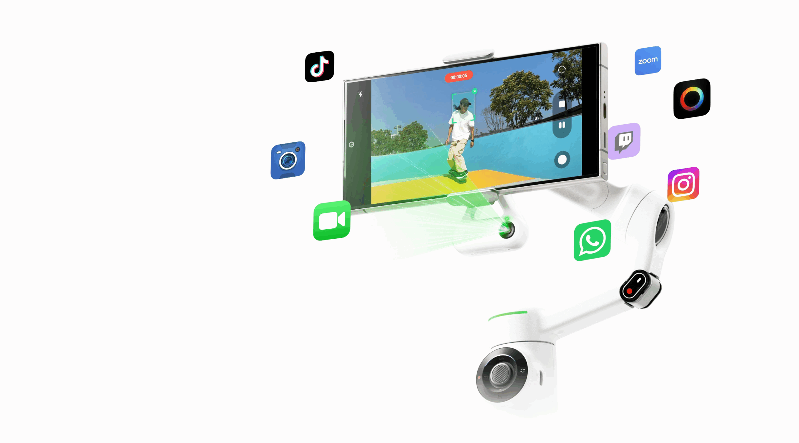 Whatever the conditions, just track. No more missed moments. The AI Tracker ensures better tracking across a wider range of scenarios. When paired with Flow 2 Pro? Effortless 360° pan tracking that keeps every shot sharp and steady, no matter the app used!