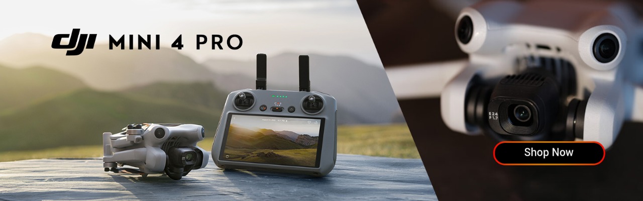 DJI Mini 4 Pro drone in flight with compact foldable design