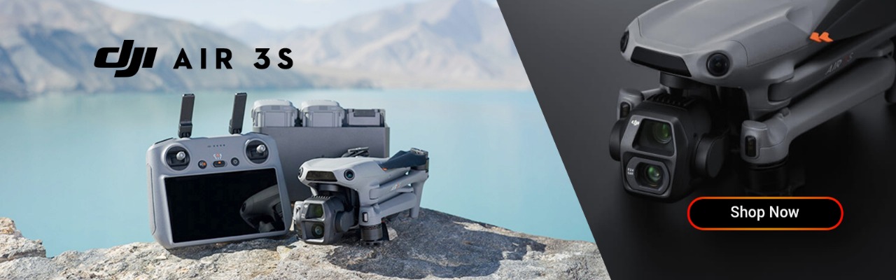 DJI Air 3S drone flying with dual-camera system and sleek design