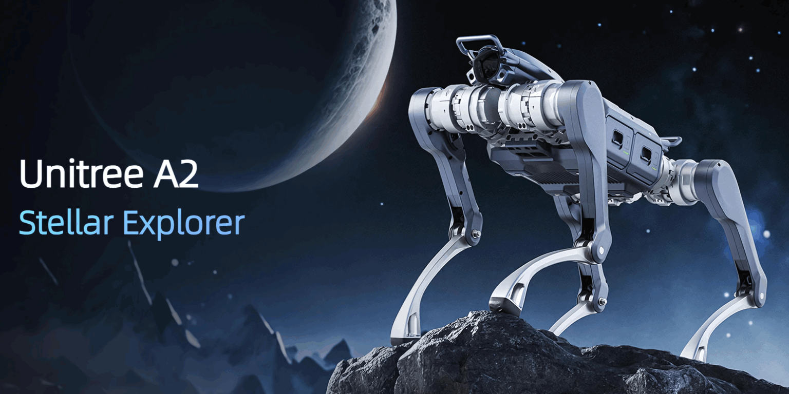 Unitree A2, Stellar Explorer platform, standing on a rocky outcrop against a starfield and moon backdrop