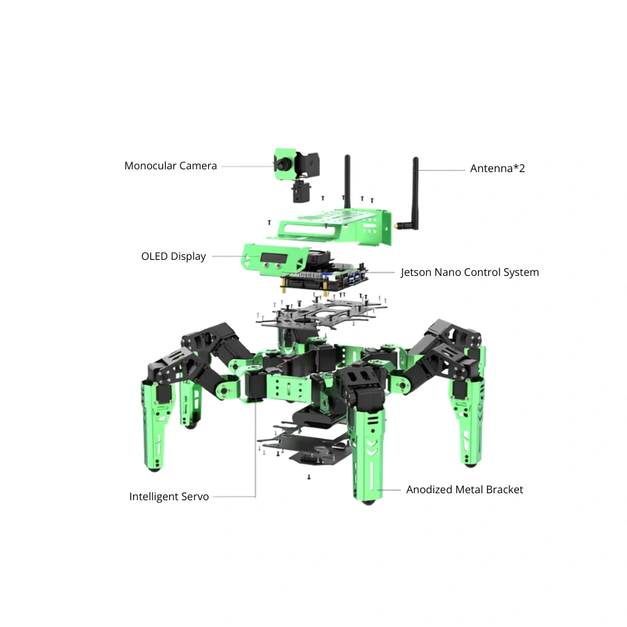 JetHexa hexapod chassis — 18 intelligent serial-bus servos on hard-anodized aluminum alloy