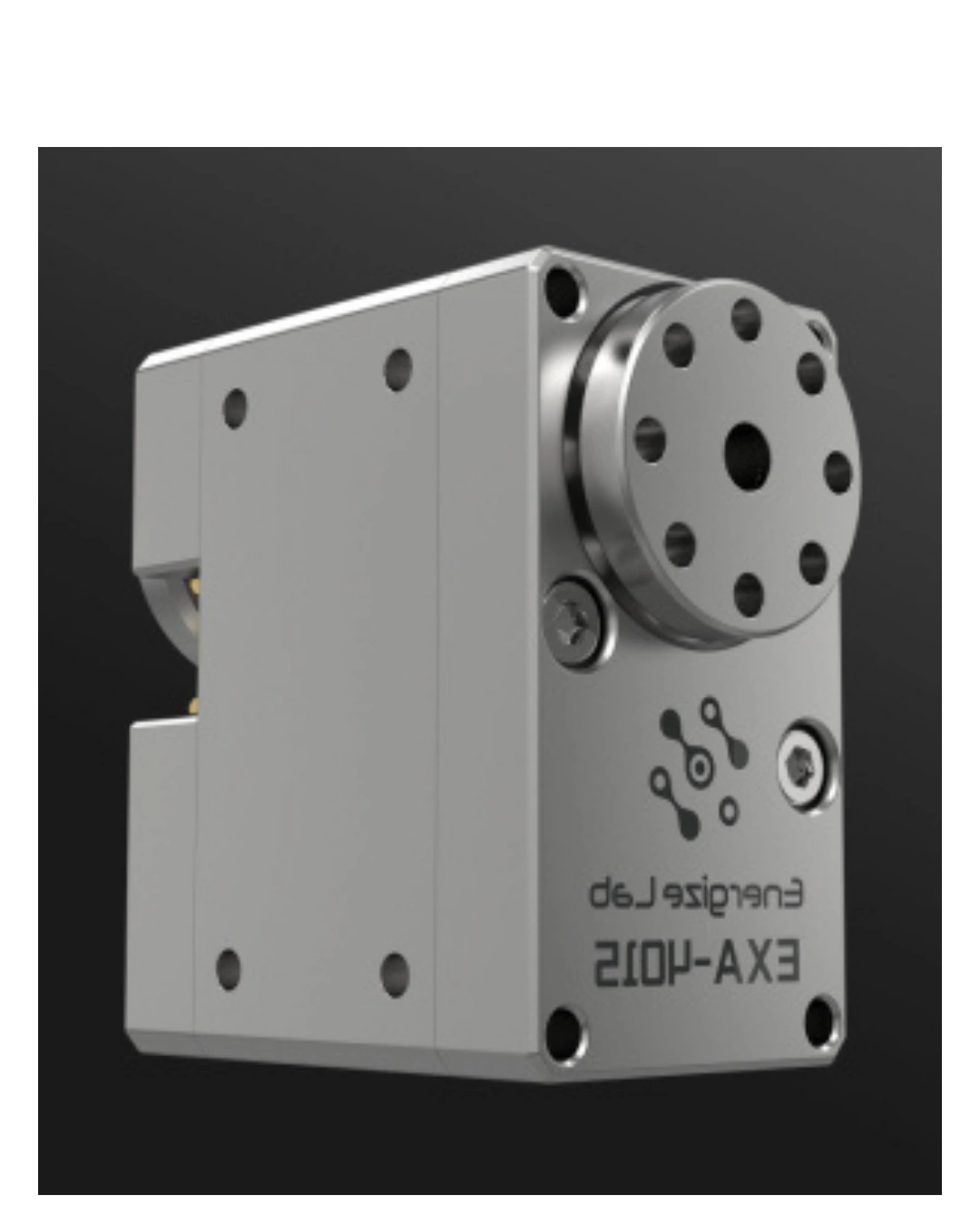 Energize Lab EXA-4015 servo motor side profile showing compact machined housing