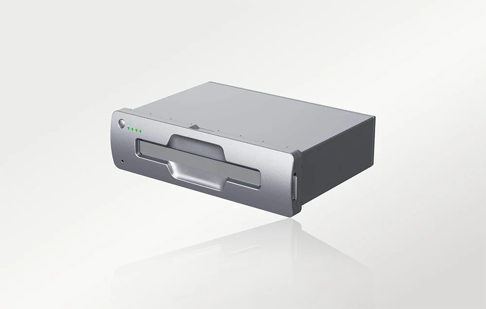 Angled studio shot of the Unitree B2-W standard battery showing its power button and LED gauge