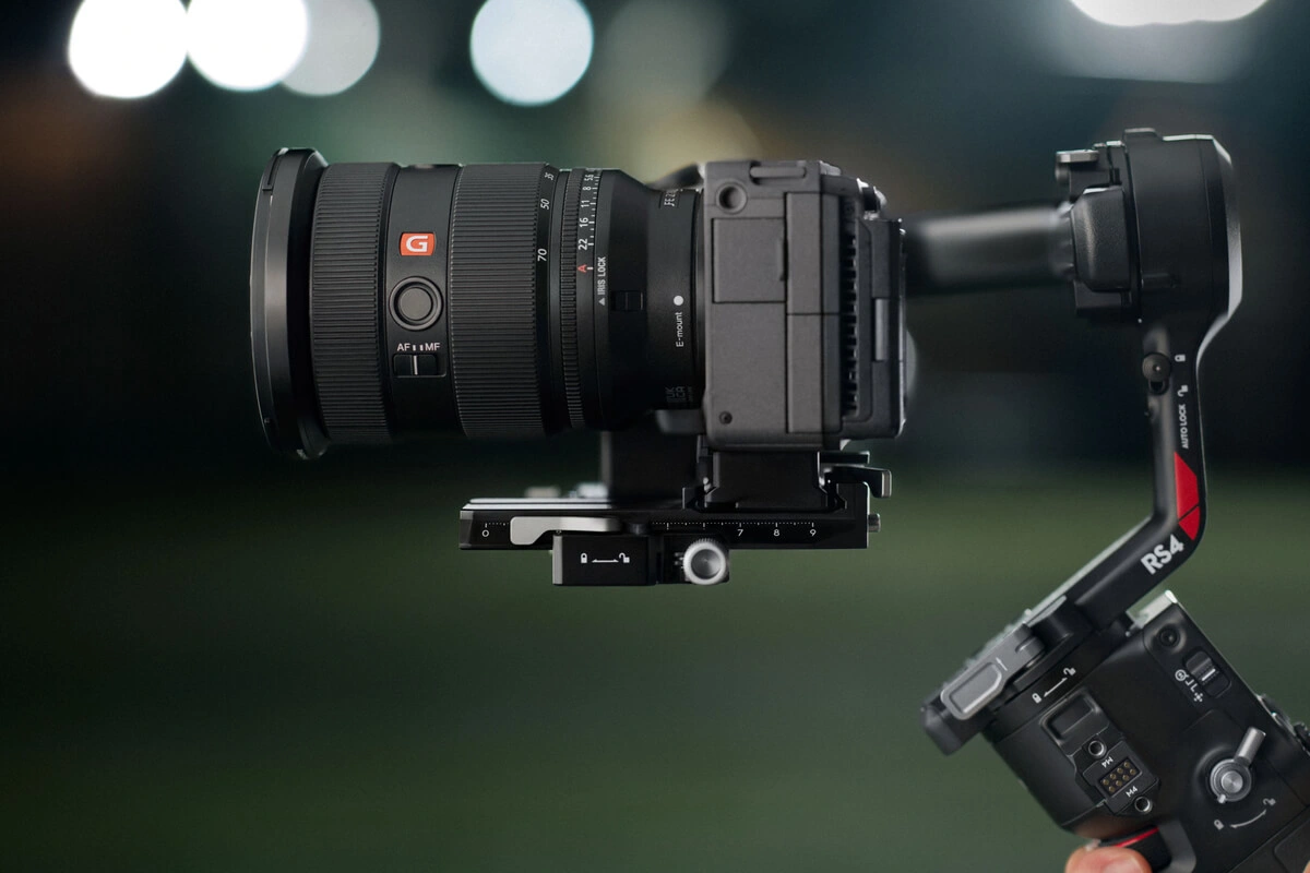 Genuine DJI plate securing a camera on an RS4 gimbal