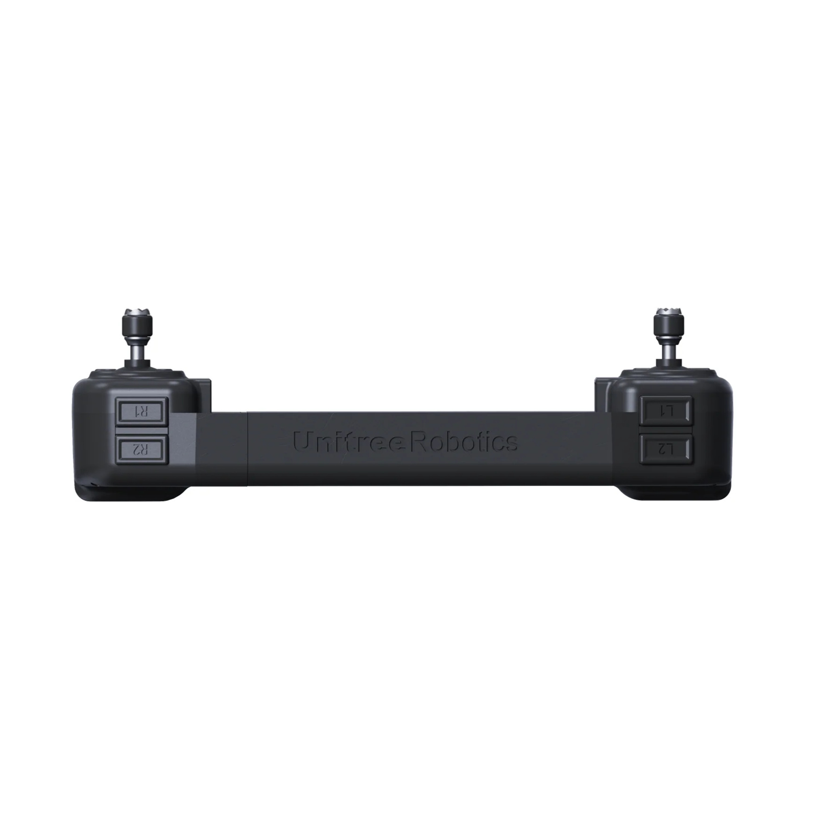 Bottom view of the Unitree B2 remote controller showing UnitreeRobotics branding and L1/L2/R1/R2 shoulder buttons