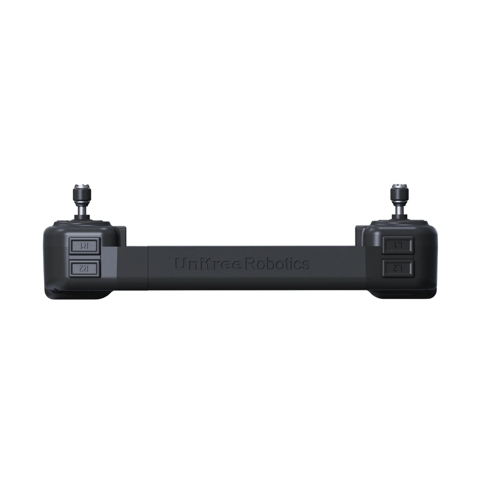 Bottom view of the Unitree B2 remote controller showing UnitreeRobotics branding and L1/L2/R1/R2 shoulder buttons