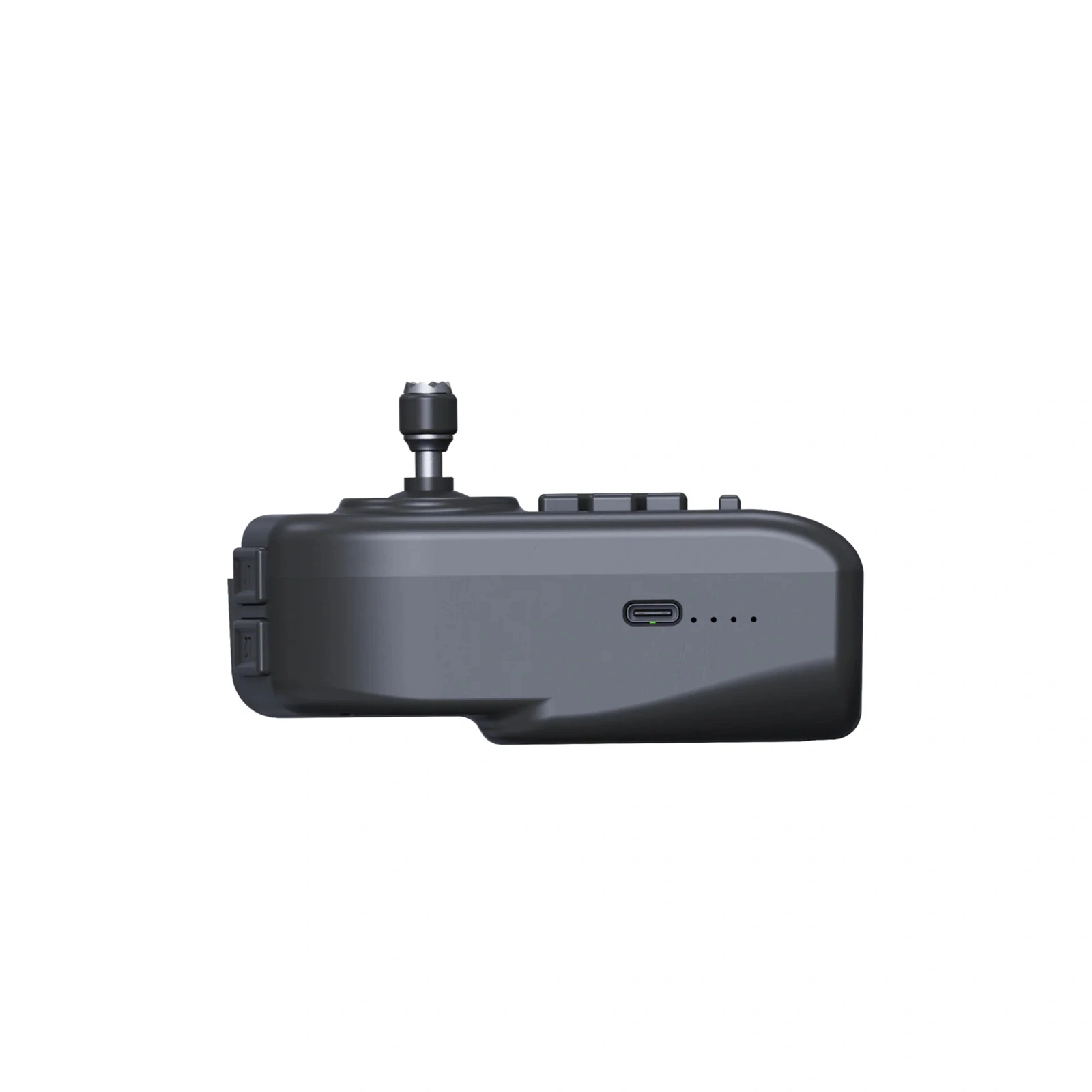 Side view of the Unitree B2 remote controller showing its USB-C charging port and status LEDs