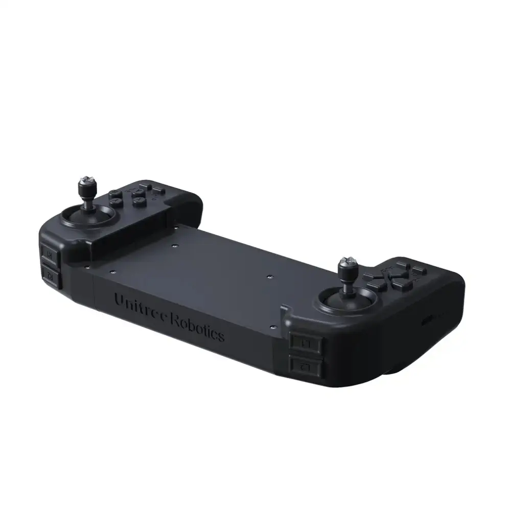 Angled view of the Unitree B2 remote controller showing Unitree Robotics branding on the grip