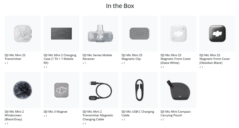 DJI Mic Mini 2S 1 TX + 1 Mobile RX + Charging Case package contents