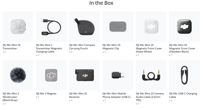 DJI Mic Mini 2S 1 TX + 1 RX package contents