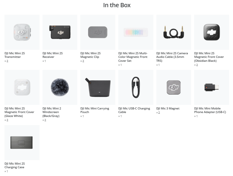DJI Mic Mini 2S 2 TX + 1 RX + Charging Case package contents